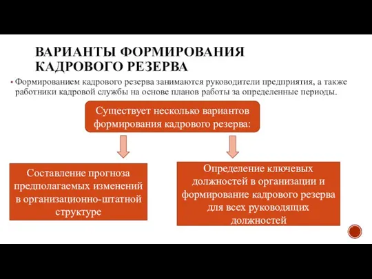 ВАРИАНТЫ ФОРМИРОВАНИЯ КАДРОВОГО РЕЗЕРВА Формированием кадрового резерва занимаются руководители предприятия, а также