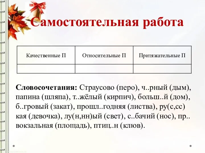 Самостоятельная работа Словосочетания: Страусово (перо), ч..рный (дым), папина (шляпа), т..жёлый (кирпич), больш..й