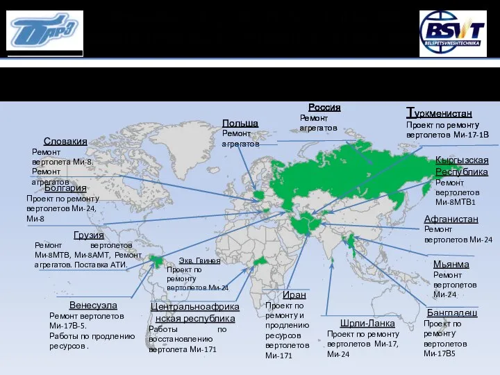 Кыргызская Республика Ремонт вертолетов Ми-8МТВ1 Афганистан Ремонт вертолетов Ми-24 Мьянма Ремонт вертолетов
