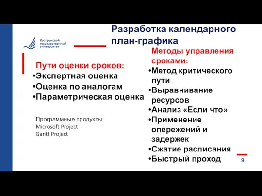 9 Разработка календарного план-графика Пути оценки сроков: Экспертная оценка Оценка по аналогам