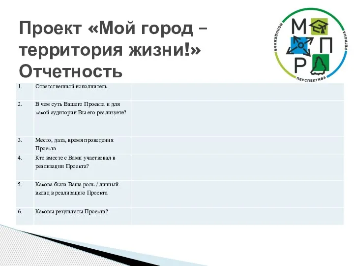 Проект «Мой город – территория жизни!» Отчетность