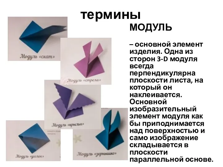 термины МОДУЛЬ – основной элемент изделия. Одна из сторон 3-D модуля всегда