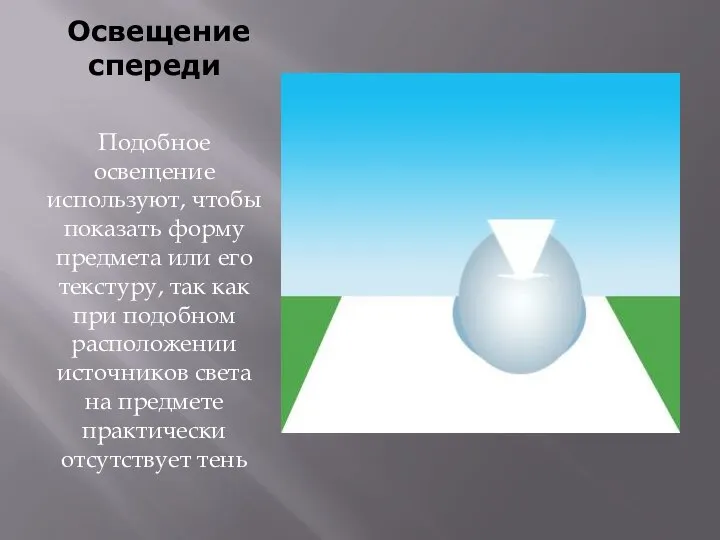 Освещение спереди Подобное освещение используют, чтобы показать форму предмета или его текстуру,