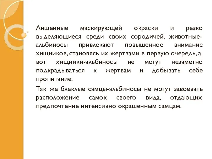 Лишенные маскирующей окраски и резко выделяющиеся среди своих сородичей, животные-альбиносы привлекают повышенное