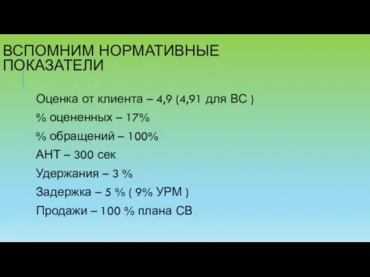 ВСПОМНИМ НОРМАТИВНЫЕ ПОКАЗАТЕЛИ Оценка от клиента – 4,9 (4,91 для ВС )