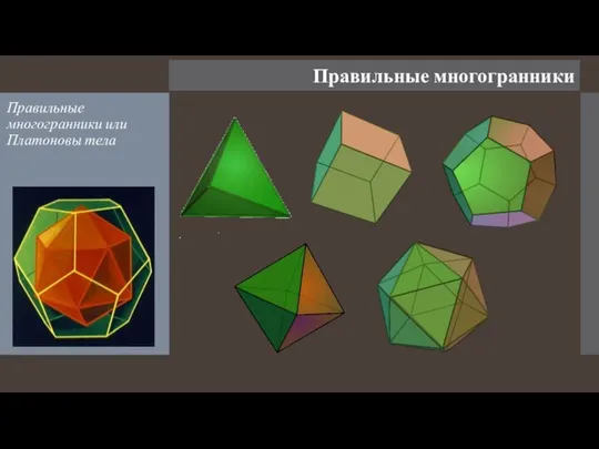 Правильные многогранники Правильные многогранники или Платоновы тела