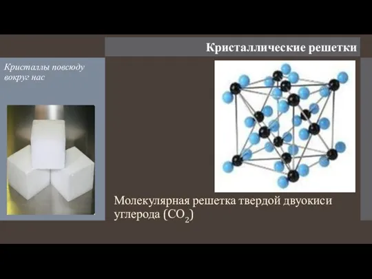 Кристаллические решетки Молекулярная решетка твердой двуокиси углерода (СО2) Кристаллы повсюду вокруг нас