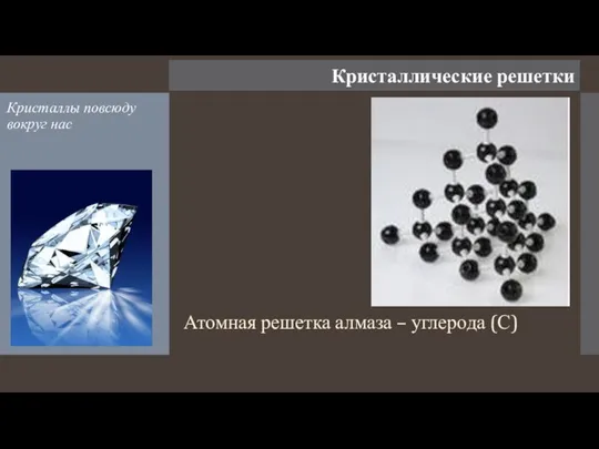 Кристаллические решетки Атомная решетка алмаза – углерода (С) Кристаллы повсюду вокруг нас