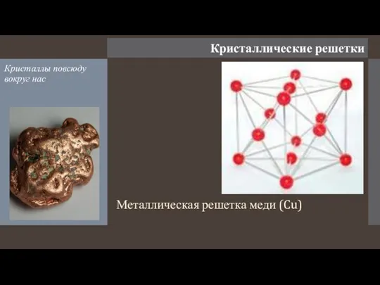 Кристаллические решетки Металлическая решетка меди (Cu) Кристаллы повсюду вокруг нас