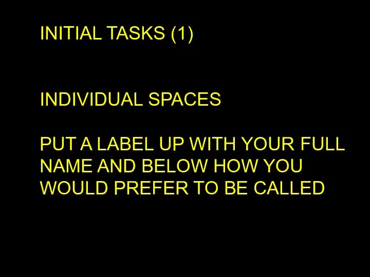INITIAL TASKS (1) INDIVIDUAL SPACES PUT A LABEL UP WITH YOUR FULL
