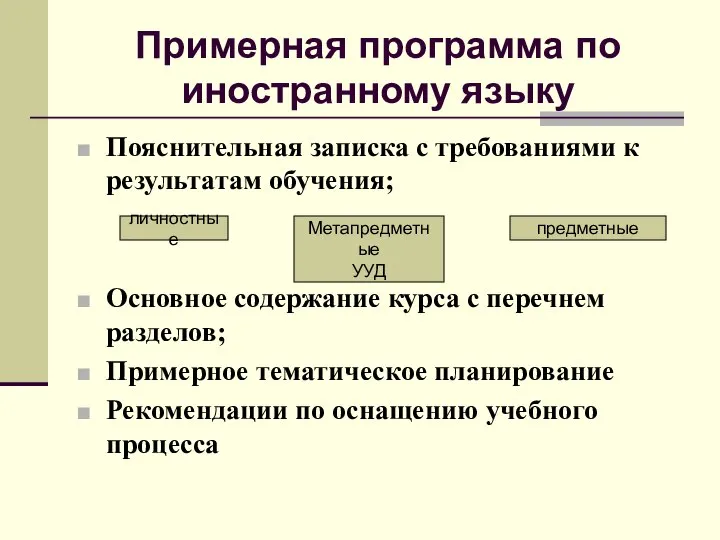 Примерная программа по иностранному языку Пояснительная записка с требованиями к результатам обучения;