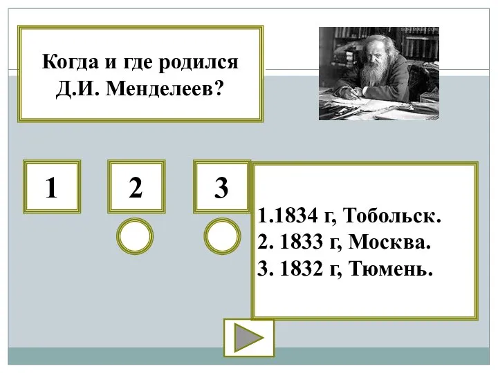 Когда и где родился Д.И. Менделеев? 1 2 3 1.1834 г, Тобольск.