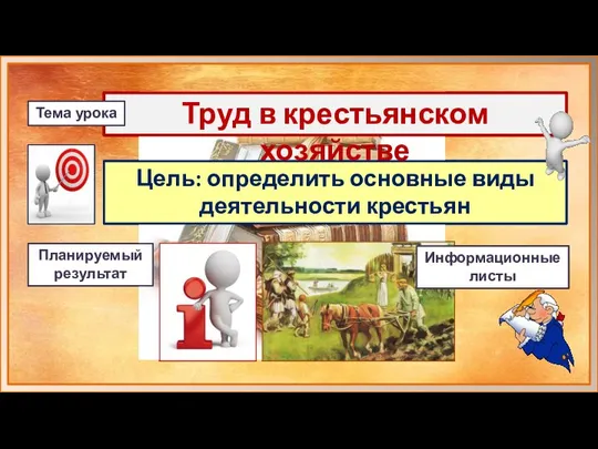 Цель: определить основные виды деятельности крестьян Труд в крестьянском хозяйстве Тема урока Планируемый результат Информационные листы