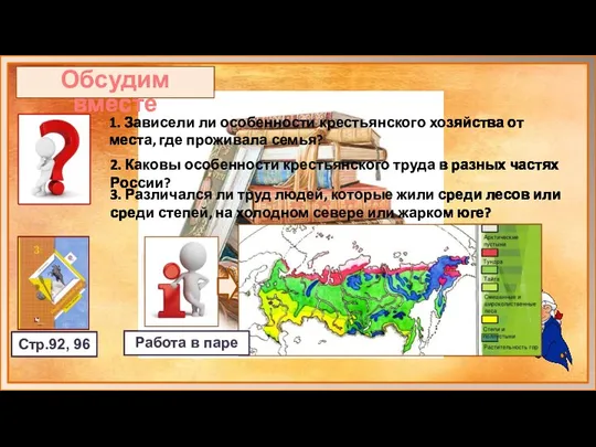 Обсудим вместе Стр.92, 96 1. Зависели ли особенности крестьянского хозяйства от места,