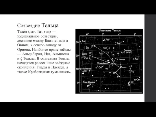 Созвездие Тельца Теле́ц (лат. Taurus) — зодиакальное созвездие, лежащее между Близнецами и