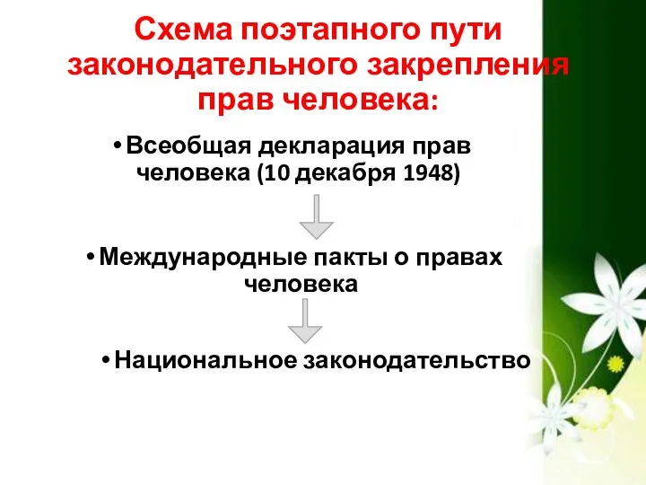 Схема поэтапного пути законодательного закрепления прав человека: Всеобщая декларация прав человека (10