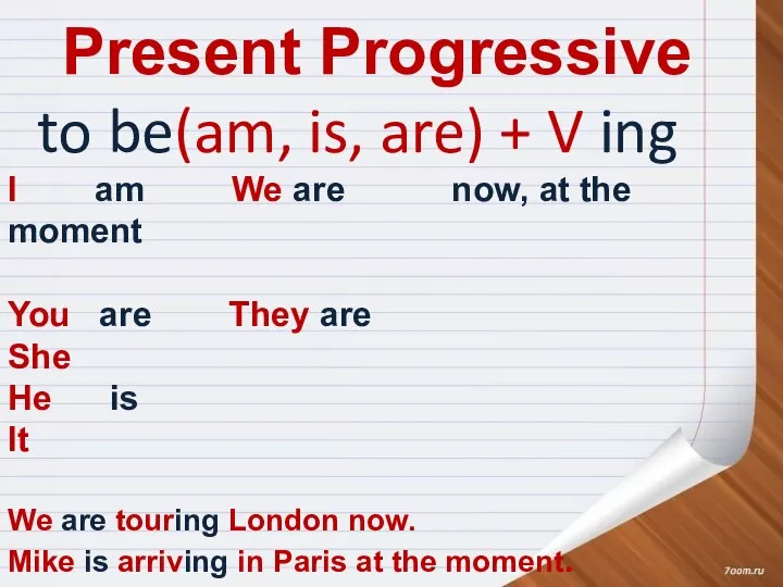 Present Progressive to be(am, is, are) + V ing I am We