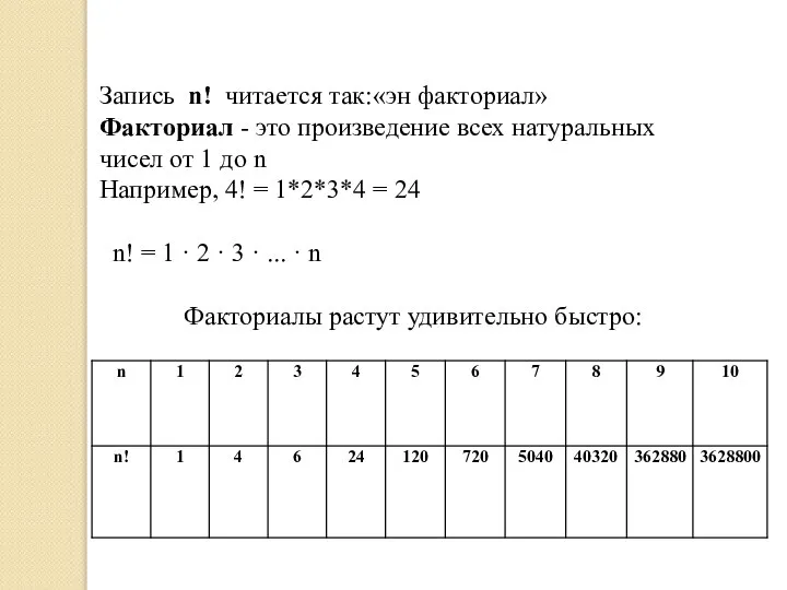 Запись n! читается так:«эн факториал» Факториал - это произведение всех натуральных чисел