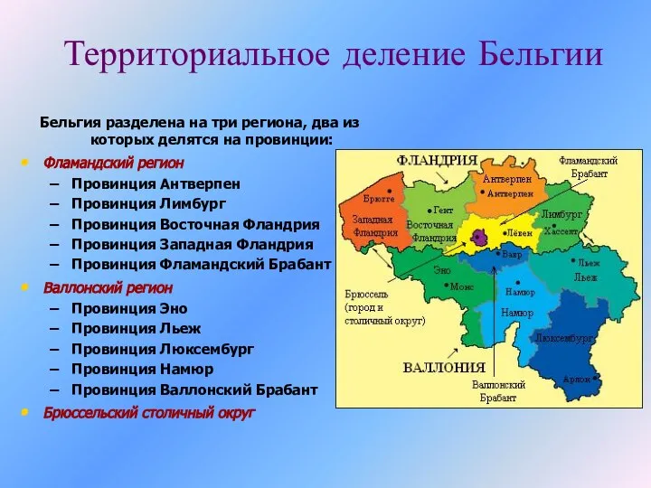 Территориальное деление Бельгии Бельгия разделена на три региона, два из которых делятся