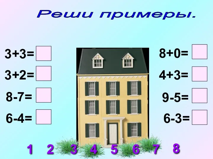 Реши примеры. 3+3= 3+2= 8-7= 6-4= 8+0= 4+3= 9-5= 6-3= 1 2