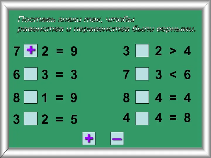 Поставь знаки так, чтобы равенства и неравенства были верными. 7 2 =