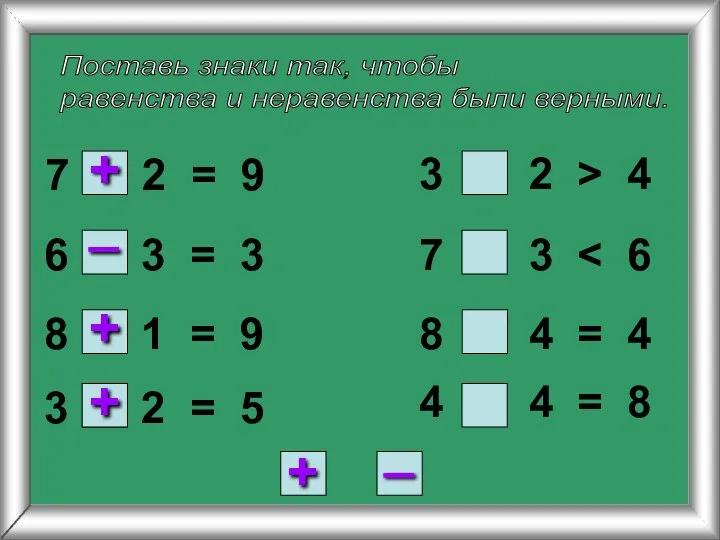 Поставь знаки так, чтобы равенства и неравенства были верными. 7 2 =