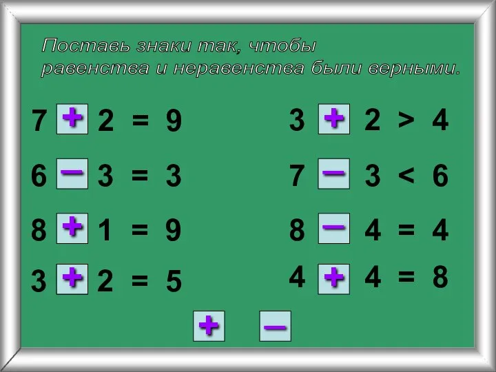 Поставь знаки так, чтобы равенства и неравенства были верными. 7 2 =