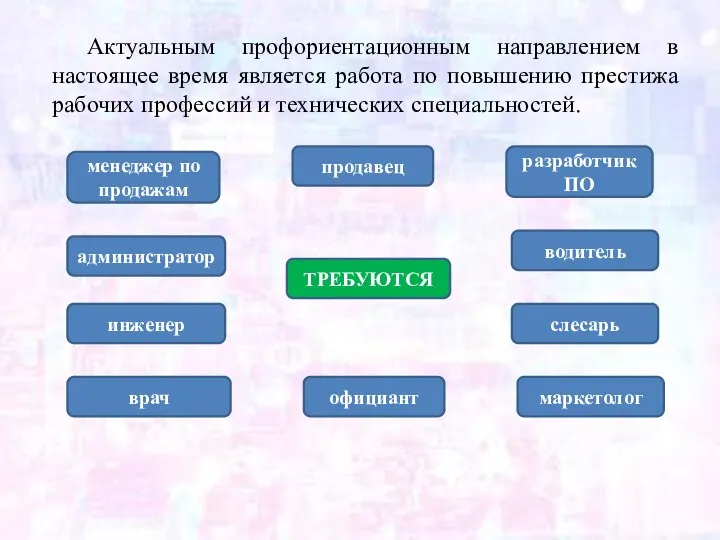 Актуальным профориентационным направлением в настоящее время является работа по повышению престижа рабочих