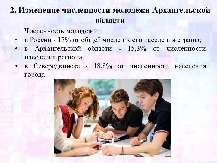 Численность молодежи: в России - 17% от общей численности населения страны; в