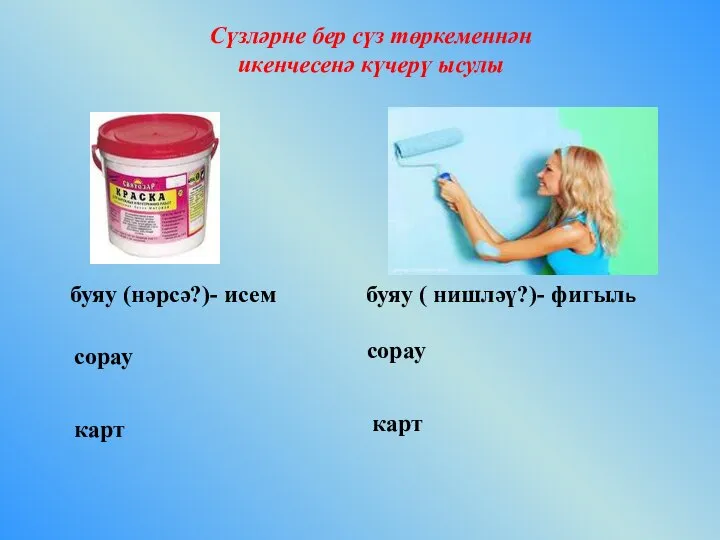 буяу (нәрсә?)- исем сорау карт буяу ( нишләү?)- фигыль сорау карт Сүзләрне