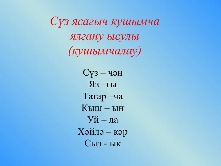 Сүз ясагыч кушымча ялгану ысулы (кушымчалау) Сүз – чән Яз –гы Татар