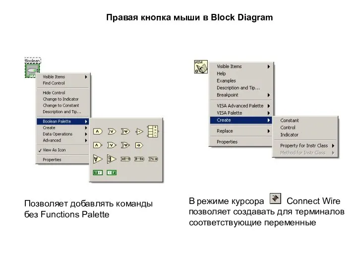 Позволяет добавлять команды без Functions Palette Правая кнопка мыши в Block Diagram