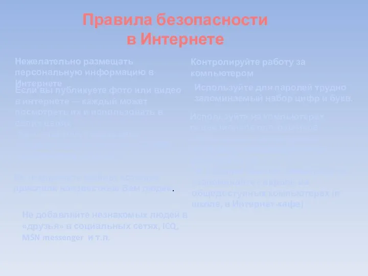 Правила безопасности в Интернете Нежелательно размещать персональную информацию в Интернете Если вы