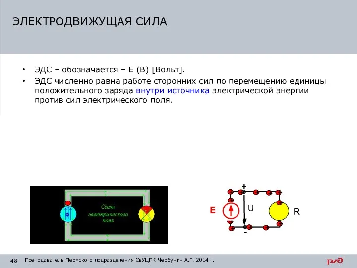 ЭДС – обозначается – Е (В) [Вольт]. ЭДС численно равна работе сторонних