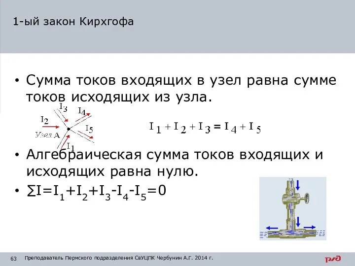 Сумма токов входящих в узел равна сумме токов исходящих из узла. Алгебраическая