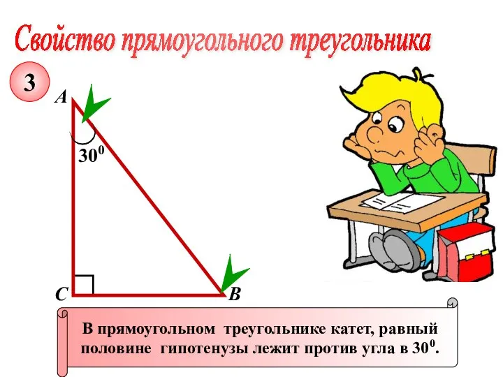 Свойство прямоугольного треугольника А В С В прямоугольном треугольнике катет, равный половине