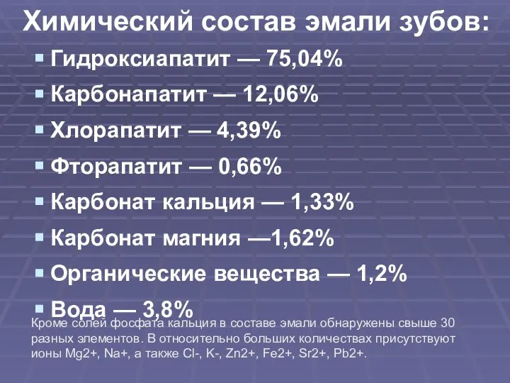 Химический состав эмали зубов: Гидроксиапатит — 75,04% Карбонапатит — 12,06% Хлорапатит —