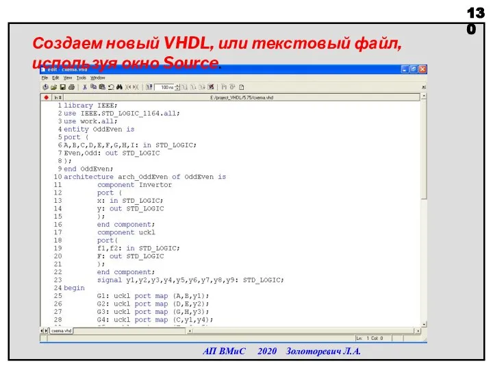 АП ВМиС 2020 Золоторевич Л.А. Создаем новый VHDL, или текстовый файл, используя окно Source.