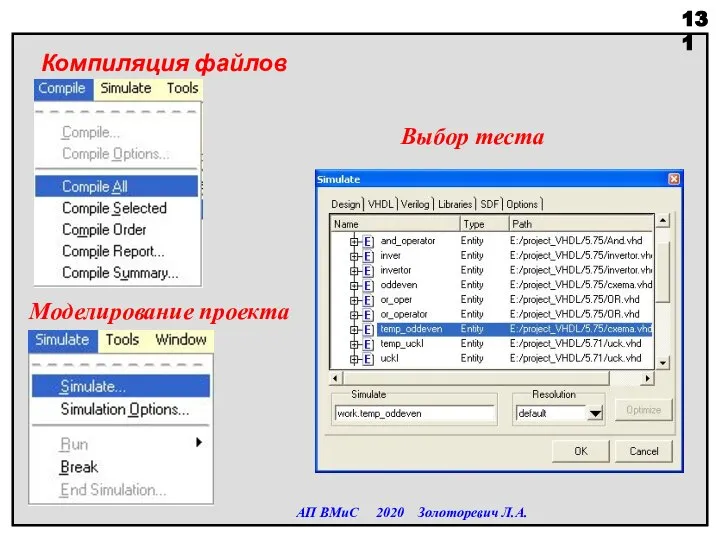 АП ВМиС 2020 Золоторевич Л.А. Компиляция файлов Моделирование проекта Выбор теста