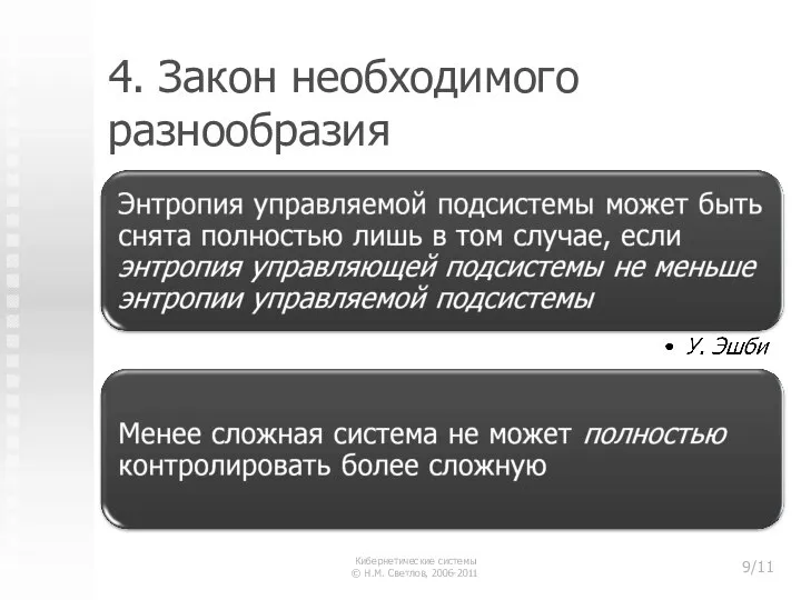 4. Закон необходимого разнообразия Кибернетические системы © Н.М. Светлов, 2006-2011 /11