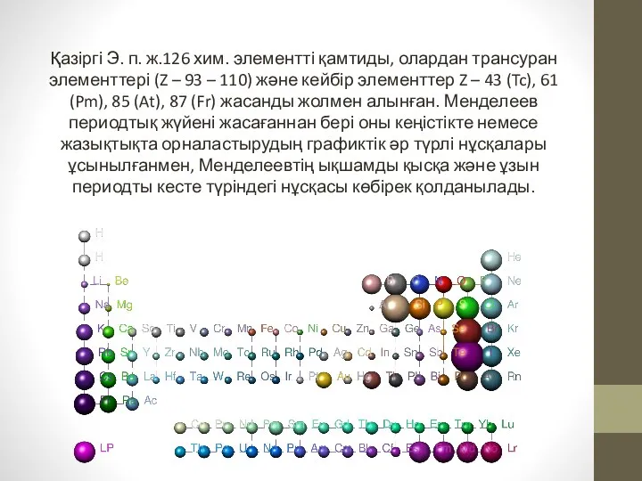 Қазіргі Э. п. ж.126 хим. элементті қамтиды, олардан трансуран элементтері (Z –