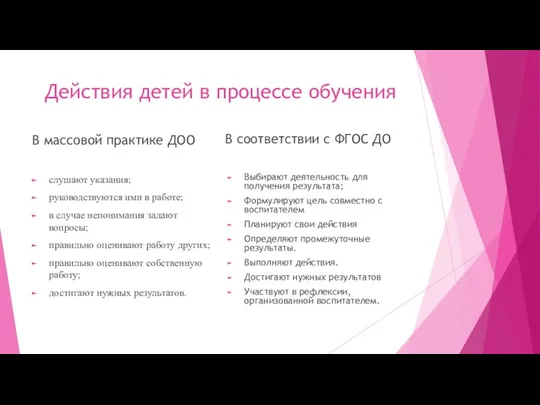 Действия детей в процессе обучения В массовой практике ДОО слушают указания; руководствуются