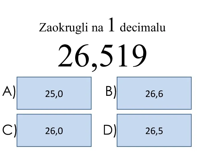 26,5 25,0 26,6 26,0 A) B) C) D) Zaokrugli na 1 decimalu 26,519