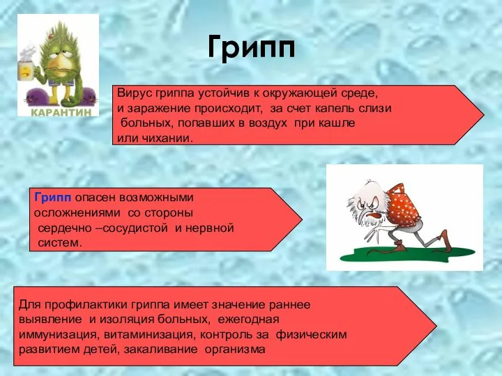 Грипп Вирус гриппа устойчив к окружающей среде, и заражение происходит, за счет