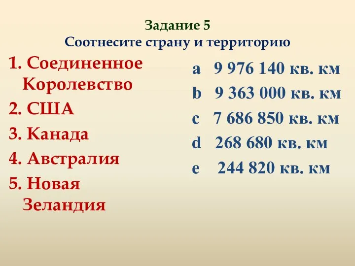 Задание 5 Соотнесите страну и территорию 1. Соединенное Королевство 2. США 3.