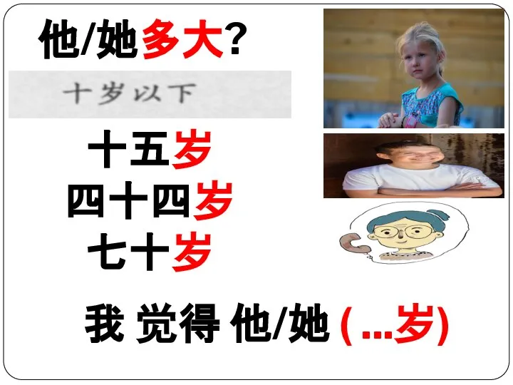 我 觉得 他/她 ( ...岁) 他/她多大? 十五岁 四十四岁 七十岁