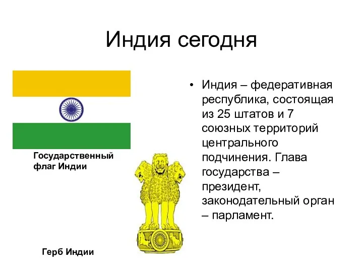 Индия сегодня Индия – федеративная республика, состоящая из 25 штатов и 7