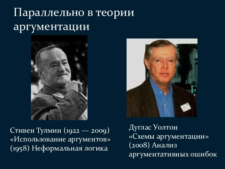 Параллельно в теории аргументации Стивен Тулмин (1922 — 2009) «Использование аргументов» (1958)