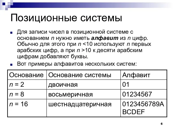 Позиционные системы Для записи чисел в позиционной системе с основанием n нужно