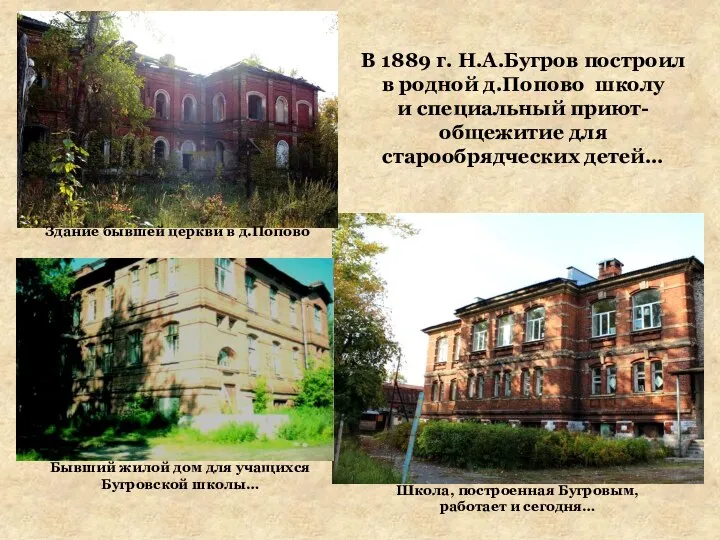 В 1889 г. Н.А.Бугров построил в родной д.Попово школу и специальный приют-общежитие